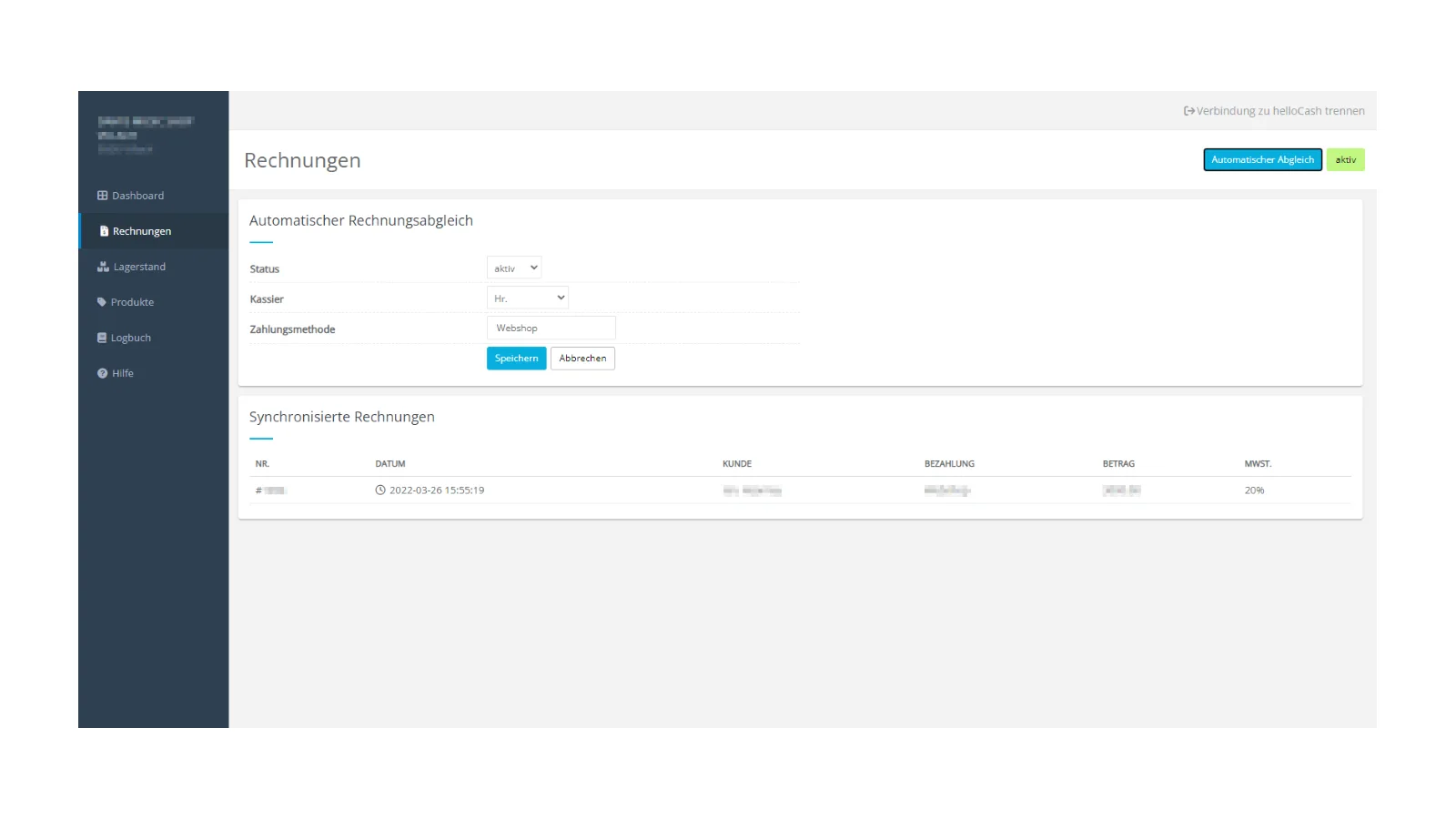 oView shopify mit helloCash Synchronisieren Rechnungen